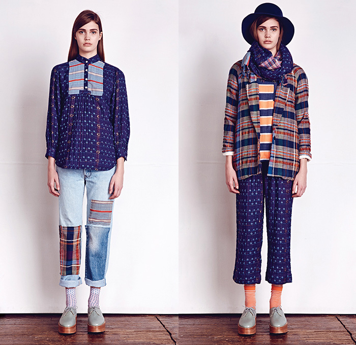 Ace & Jig 2014-2015 Fall Autumn Winter Womens Lookbook Presentation - New York Fashion Show - Cary Vaughan Jenna Wilson Designers - Patchwork Roll Up Blouse Sari Japanese Denim Jeans Peasant Skirt Dress Slouchy Outerwear Coat Overcoat Bohemian Country Plaid Stripes Farmer Waffle Quilted Layers Jogging Sweatpants Robe Wrap Turtleneck Funnelneck Checks Bomber Jacket Scarf Sash