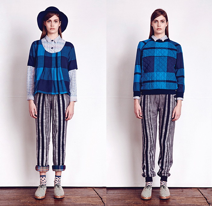 Ace & Jig 2014-2015 Fall Autumn Winter Womens Lookbook Presentation - New York Fashion Show - Cary Vaughan Jenna Wilson Designers - Patchwork Roll Up Blouse Sari Japanese Denim Jeans Peasant Skirt Dress Slouchy Outerwear Coat Overcoat Bohemian Country Plaid Stripes Farmer Waffle Quilted Layers Jogging Sweatpants Robe Wrap Turtleneck Funnelneck Checks Bomber Jacket Scarf Sash