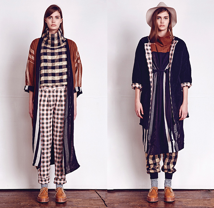 Ace & Jig 2014-2015 Fall Autumn Winter Womens Lookbook Presentation - New York Fashion Show - Cary Vaughan Jenna Wilson Designers - Patchwork Roll Up Blouse Sari Japanese Denim Jeans Peasant Skirt Dress Slouchy Outerwear Coat Overcoat Bohemian Country Plaid Stripes Farmer Waffle Quilted Layers Jogging Sweatpants Robe Wrap Turtleneck Funnelneck Checks Bomber Jacket Scarf Sash