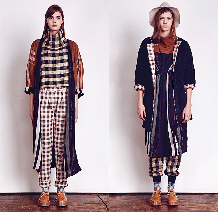 Ace & Jig 2014-2015 Fall Autumn Winter Womens Lookbook Presentation - New York Fashion Show - Cary Vaughan Jenna Wilson Designers - Patchwork Roll Up Blouse Sari Japanese Denim Jeans Peasant Skirt Dress Slouchy Outerwear Coat Overcoat Bohemian Country Plaid Stripes Farmer Waffle Quilted Layers Jogging Sweatpants Robe Wrap Turtleneck Funnelneck Checks Bomber Jacket Scarf Sash