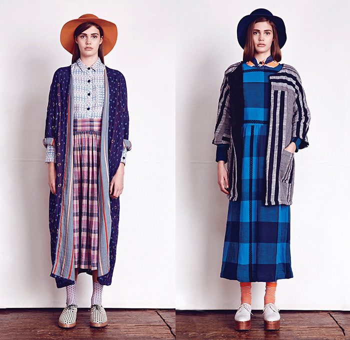 Ace & Jig 2014-2015 Fall Autumn Winter Womens Lookbook Presentation - New York Fashion Show - Cary Vaughan Jenna Wilson Designers - Patchwork Roll Up Blouse Sari Japanese Denim Jeans Peasant Skirt Dress Slouchy Outerwear Coat Overcoat Bohemian Country Plaid Stripes Farmer Waffle Quilted Layers Jogging Sweatpants Robe Wrap Turtleneck Funnelneck Checks Bomber Jacket Scarf Sash