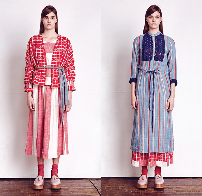 Ace & Jig 2014-2015 Fall Autumn Winter Womens Lookbook Presentation - New York Fashion Show - Cary Vaughan Jenna Wilson Designers - Patchwork Roll Up Blouse Sari Japanese Denim Jeans Peasant Skirt Dress Slouchy Outerwear Coat Overcoat Bohemian Country Plaid Stripes Farmer Waffle Quilted Layers Jogging Sweatpants Robe Wrap Turtleneck Funnelneck Checks Bomber Jacket Scarf Sash