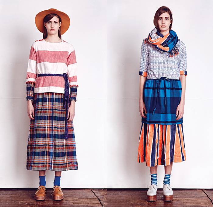 Ace & Jig 2014-2015 Fall Autumn Winter Womens Lookbook Presentation - New York Fashion Show - Cary Vaughan Jenna Wilson Designers - Patchwork Roll Up Blouse Sari Japanese Denim Jeans Peasant Skirt Dress Slouchy Outerwear Coat Overcoat Bohemian Country Plaid Stripes Farmer Waffle Quilted Layers Jogging Sweatpants Robe Wrap Turtleneck Funnelneck Checks Bomber Jacket Scarf Sash