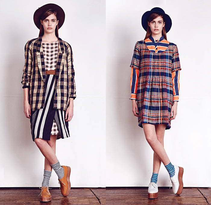 Ace & Jig 2014-2015 Fall Autumn Winter Womens Lookbook Presentation - New York Fashion Show - Cary Vaughan Jenna Wilson Designers - Patchwork Roll Up Blouse Sari Japanese Denim Jeans Peasant Skirt Dress Slouchy Outerwear Coat Overcoat Bohemian Country Plaid Stripes Farmer Waffle Quilted Layers Jogging Sweatpants Robe Wrap Turtleneck Funnelneck Checks Bomber Jacket Scarf Sash