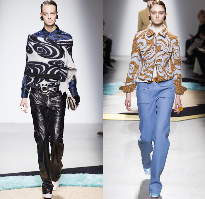 Acne Studios 2014-2015 Fall Autumn Winter Womens Runway Looks - Paris Fashion Week Mode à Paris Prêt à Porter Défilés - Cargo Pockets Wide Leg Palazzo Pants Square Wrap Shawl Swirls Waves Print Motif Jungle Animal Leopard Blouse Trucker Shirt Chunky Knit Sweater Jumper Funnel Neck Leather Vest Waistcoat Alligator Crocodile Reptile Futuristic Metal Ring Zebra Parka Anorak Rainwear Rain Coat Gauchos Culottes Drawstring Oversized Hat Shirtdress Backpack Skirt Frock Sweaterdress Jumperdress