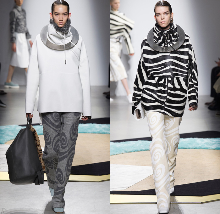 Acne Studios 2014-2015 Fall Autumn Winter Womens Runway Looks - Paris Fashion Week Mode à Paris Prêt à Porter Défilés - Cargo Pockets Wide Leg Palazzo Pants Square Wrap Shawl Swirls Waves Print Motif Jungle Animal Leopard Blouse Trucker Shirt Chunky Knit Sweater Jumper Funnel Neck Leather Vest Waistcoat Alligator Crocodile Reptile Futuristic Metal Ring Zebra Parka Anorak Rainwear Rain Coat Gauchos Culottes Drawstring Oversized Hat Shirtdress Backpack Skirt Frock Sweaterdress Jumperdress