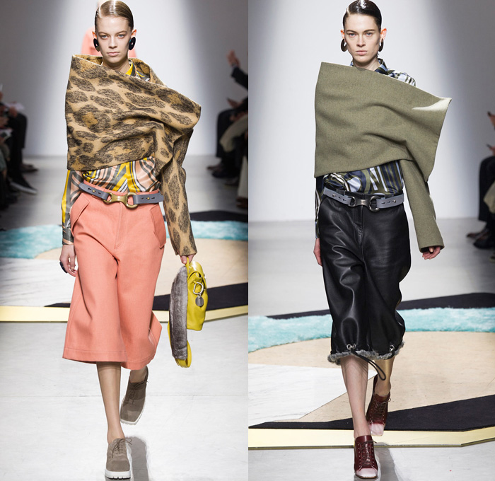 Acne Studios 2014-2015 Fall Autumn Winter Womens Runway Looks - Paris Fashion Week Mode à Paris Prêt à Porter Défilés - Cargo Pockets Wide Leg Palazzo Pants Square Wrap Shawl Swirls Waves Print Motif Jungle Animal Leopard Blouse Trucker Shirt Chunky Knit Sweater Jumper Funnel Neck Leather Vest Waistcoat Alligator Crocodile Reptile Futuristic Metal Ring Zebra Parka Anorak Rainwear Rain Coat Gauchos Culottes Drawstring Oversized Hat Shirtdress Backpack Skirt Frock Sweaterdress Jumperdress
