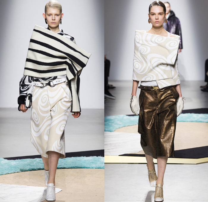 Acne Studios 2014-2015 Fall Autumn Winter Womens Runway Looks - Paris Fashion Week Mode à Paris Prêt à Porter Défilés - Cargo Pockets Wide Leg Palazzo Pants Square Wrap Shawl Swirls Waves Print Motif Jungle Animal Leopard Blouse Trucker Shirt Chunky Knit Sweater Jumper Funnel Neck Leather Vest Waistcoat Alligator Crocodile Reptile Futuristic Metal Ring Zebra Parka Anorak Rainwear Rain Coat Gauchos Culottes Drawstring Oversized Hat Shirtdress Backpack Skirt Frock Sweaterdress Jumperdress