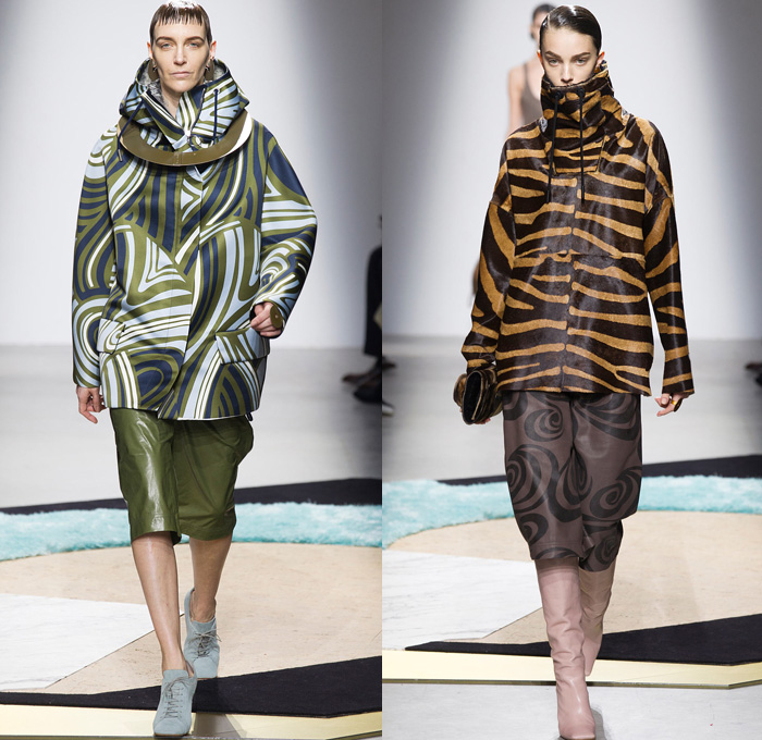 Acne Studios 2014-2015 Fall Autumn Winter Womens Runway Looks - Paris Fashion Week Mode à Paris Prêt à Porter Défilés - Cargo Pockets Wide Leg Palazzo Pants Square Wrap Shawl Swirls Waves Print Motif Jungle Animal Leopard Blouse Trucker Shirt Chunky Knit Sweater Jumper Funnel Neck Leather Vest Waistcoat Alligator Crocodile Reptile Futuristic Metal Ring Zebra Parka Anorak Rainwear Rain Coat Gauchos Culottes Drawstring Oversized Hat Shirtdress Backpack Skirt Frock Sweaterdress Jumperdress