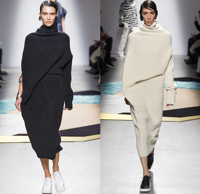 Acne Studios 2014-2015 Fall Autumn Winter Womens Runway Looks - Paris Fashion Week Mode à Paris Prêt à Porter Défilés - Cargo Pockets Wide Leg Palazzo Pants Square Wrap Shawl Swirls Waves Print Motif Jungle Animal Leopard Blouse Trucker Shirt Chunky Knit Sweater Jumper Funnel Neck Leather Vest Waistcoat Alligator Crocodile Reptile Futuristic Metal Ring Zebra Parka Anorak Rainwear Rain Coat Gauchos Culottes Drawstring Oversized Hat Shirtdress Backpack Skirt Frock Sweaterdress Jumperdress