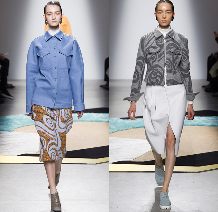 Acne Studios 2014-2015 Fall Autumn Winter Womens Runway Looks - Paris Fashion Week Mode à Paris Prêt à Porter Défilés - Cargo Pockets Wide Leg Palazzo Pants Square Wrap Shawl Swirls Waves Print Motif Jungle Animal Leopard Blouse Trucker Shirt Chunky Knit Sweater Jumper Funnel Neck Leather Vest Waistcoat Alligator Crocodile Reptile Futuristic Metal Ring Zebra Parka Anorak Rainwear Rain Coat Gauchos Culottes Drawstring Oversized Hat Shirtdress Backpack Skirt Frock Sweaterdress Jumperdress