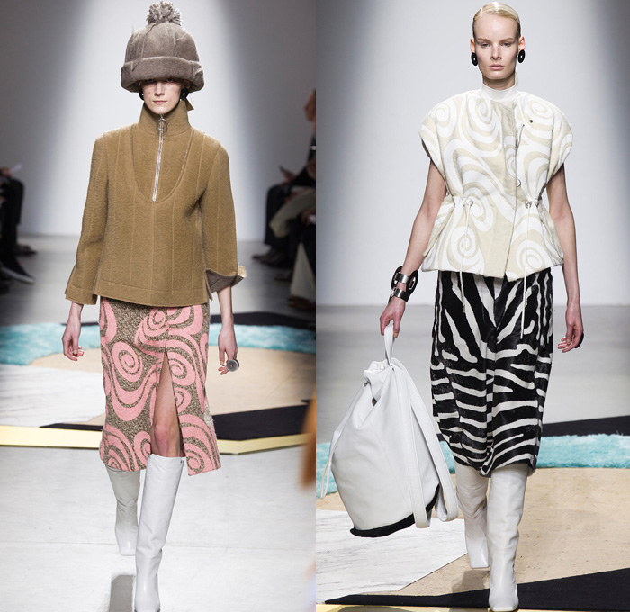 Acne Studios 2014-2015 Fall Autumn Winter Womens Runway Looks - Paris Fashion Week Mode à Paris Prêt à Porter Défilés - Cargo Pockets Wide Leg Palazzo Pants Square Wrap Shawl Swirls Waves Print Motif Jungle Animal Leopard Blouse Trucker Shirt Chunky Knit Sweater Jumper Funnel Neck Leather Vest Waistcoat Alligator Crocodile Reptile Futuristic Metal Ring Zebra Parka Anorak Rainwear Rain Coat Gauchos Culottes Drawstring Oversized Hat Shirtdress Backpack Skirt Frock Sweaterdress Jumperdress