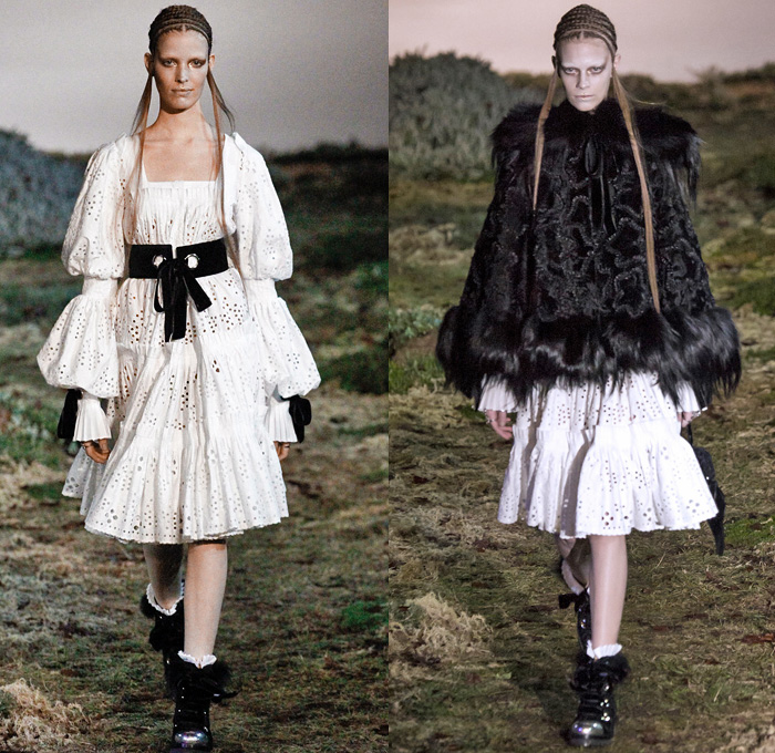 Alexander McQueen 2014-2015 Fall Autumn Winter Womens Runway Looks - Paris Fashion Week Mode à Paris Prêt à Porter Défilés - Sheer Chiffon Lace Peek-a-Boo Dress Gown Sun Sunburst Ribbon Fringes Ruffles Bell Sleeves Pinafore Leaves Foliage Embroidery Embellishments Furry Outerwear Coat Topcoat Overcoat Rhinestones Bejeweled Forest