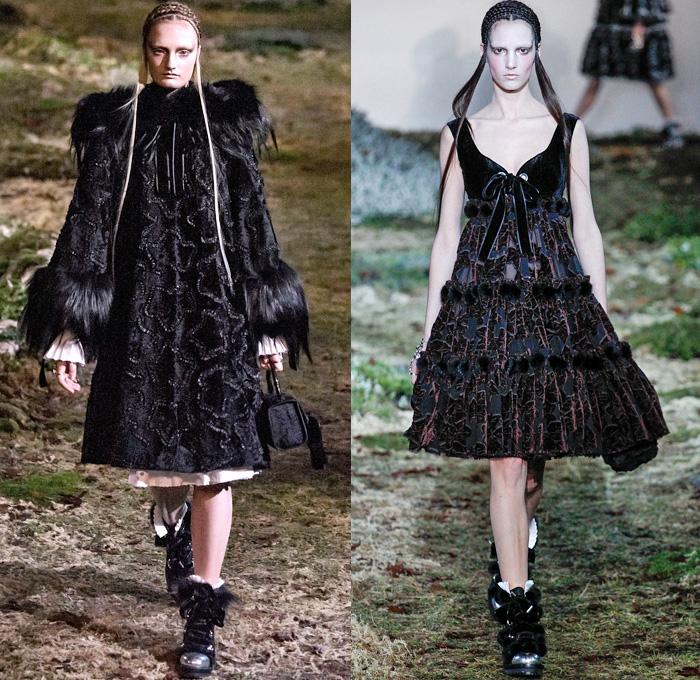 Alexander McQueen 2014-2015 Fall Autumn Winter Womens Runway Looks - Paris Fashion Week Mode à Paris Prêt à Porter Défilés - Sheer Chiffon Lace Peek-a-Boo Dress Gown Sun Sunburst Ribbon Fringes Ruffles Bell Sleeves Pinafore Leaves Foliage Embroidery Embellishments Furry Outerwear Coat Topcoat Overcoat Rhinestones Bejeweled Forest