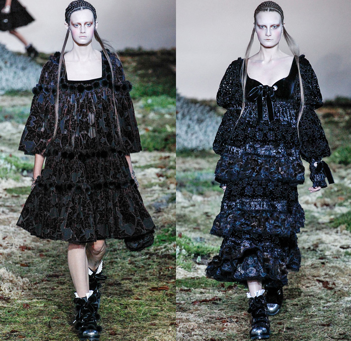 Alexander McQueen 2014-2015 Fall Autumn Winter Womens Runway Looks - Paris Fashion Week Mode à Paris Prêt à Porter Défilés - Sheer Chiffon Lace Peek-a-Boo Dress Gown Sun Sunburst Ribbon Fringes Ruffles Bell Sleeves Pinafore Leaves Foliage Embroidery Embellishments Furry Outerwear Coat Topcoat Overcoat Rhinestones Bejeweled Forest