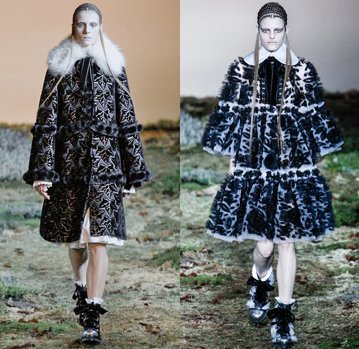 Alexander McQueen 2014-2015 Fall Autumn Winter Womens Runway Looks - Paris Fashion Week Mode à Paris Prêt à Porter Défilés - Sheer Chiffon Lace Peek-a-Boo Dress Gown Sun Sunburst Ribbon Fringes Ruffles Bell Sleeves Pinafore Leaves Foliage Embroidery Embellishments Furry Outerwear Coat Topcoat Overcoat Rhinestones Bejeweled Forest