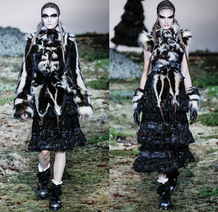 Alexander McQueen 2014-2015 Fall Autumn Winter Womens Runway Looks - Paris Fashion Week Mode à Paris Prêt à Porter Défilés - Sheer Chiffon Lace Peek-a-Boo Dress Gown Sun Sunburst Ribbon Fringes Ruffles Bell Sleeves Pinafore Leaves Foliage Embroidery Embellishments Furry Outerwear Coat Topcoat Overcoat Rhinestones Bejeweled Forest