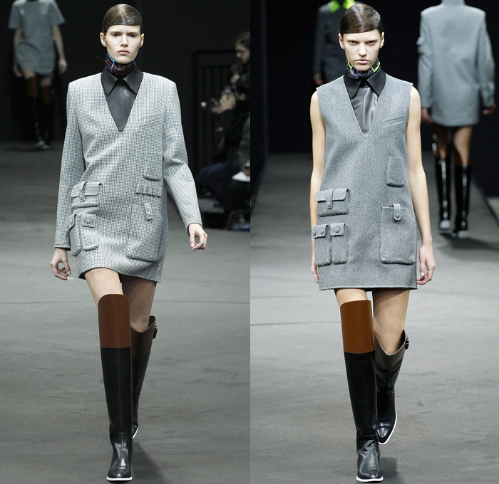 Alexander Wang 2014-2015 Fall Autumn Winter Womens Runway Looks - New York Fashion Week Catwalk - Shirtdress Sweaterdress Utilitarian Cargo Pockets V-Neck Military Combishorts Romper Outerwear Pea Coat Above The Knee Boots Knit Paisley 3d Digital Cutout Shorts Cutaway Hem Abstract Grid Wide Leg Palazzo Pants Chunky Rounded Hem