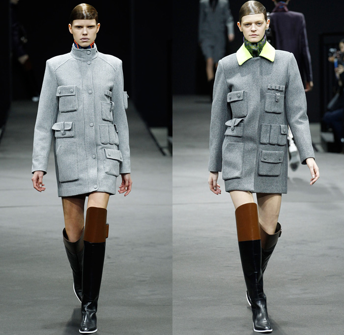 Alexander Wang 2014-2015 Fall Autumn Winter Womens Runway Looks - New York Fashion Week Catwalk - Shirtdress Sweaterdress Utilitarian Cargo Pockets V-Neck Military Combishorts Romper Outerwear Pea Coat Above The Knee Boots Knit Paisley 3d Digital Cutout Shorts Cutaway Hem Abstract Grid Wide Leg Palazzo Pants Chunky Rounded Hem