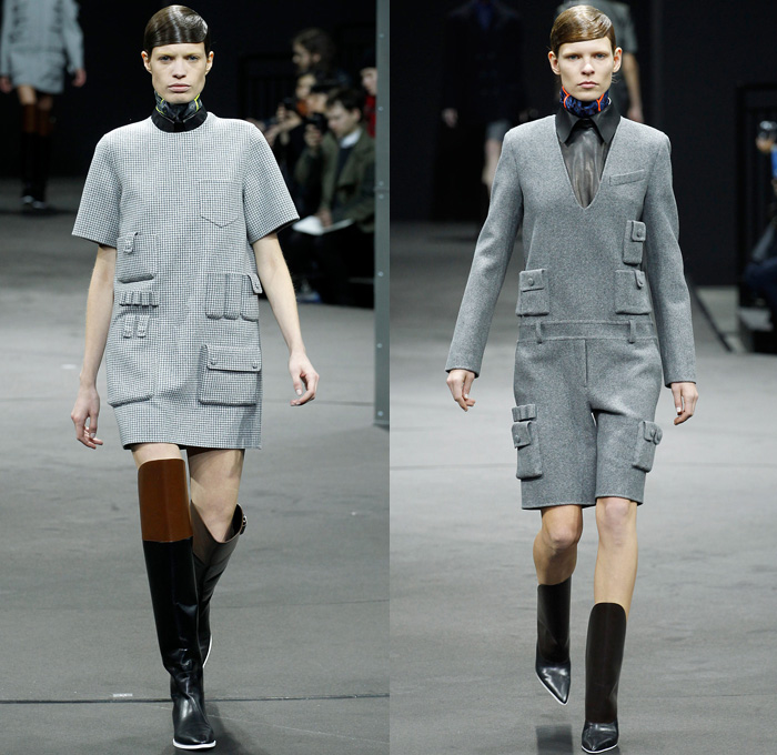 Alexander Wang 2014-2015 Fall Autumn Winter Womens Runway Looks - New York Fashion Week Catwalk - Shirtdress Sweaterdress Utilitarian Cargo Pockets V-Neck Military Combishorts Romper Outerwear Pea Coat Above The Knee Boots Knit Paisley 3d Digital Cutout Shorts Cutaway Hem Abstract Grid Wide Leg Palazzo Pants Chunky Rounded Hem