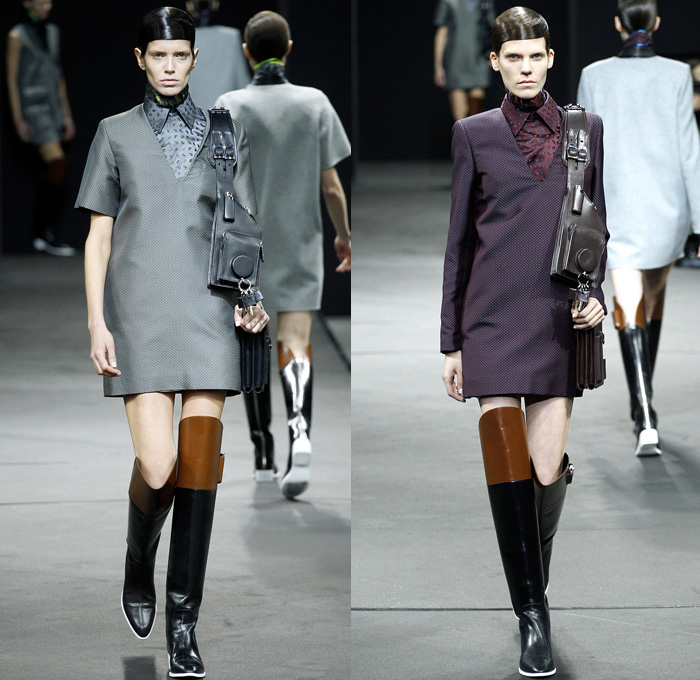 Alexander Wang 2014-2015 Fall Autumn Winter Womens Runway Looks - New York Fashion Week Catwalk - Shirtdress Sweaterdress Utilitarian Cargo Pockets V-Neck Military Combishorts Romper Outerwear Pea Coat Above The Knee Boots Knit Paisley 3d Digital Cutout Shorts Cutaway Hem Abstract Grid Wide Leg Palazzo Pants Chunky Rounded Hem