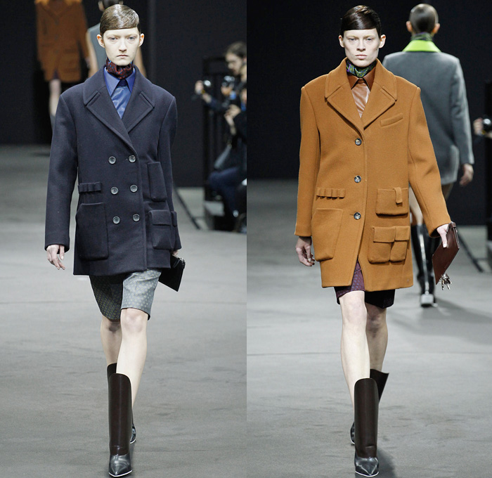 Alexander Wang 2014-2015 Fall Autumn Winter Womens Runway Looks - New York Fashion Week Catwalk - Shirtdress Sweaterdress Utilitarian Cargo Pockets V-Neck Military Combishorts Romper Outerwear Pea Coat Above The Knee Boots Knit Paisley 3d Digital Cutout Shorts Cutaway Hem Abstract Grid Wide Leg Palazzo Pants Chunky Rounded Hem