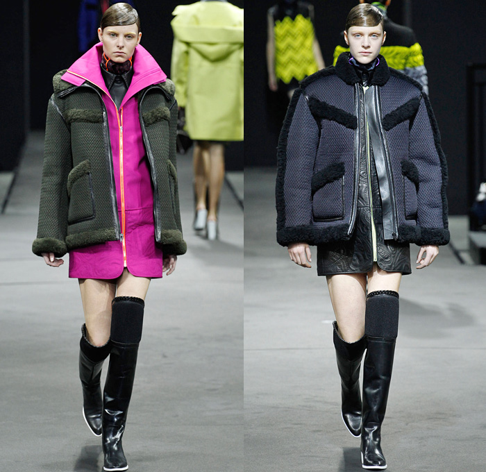 Alexander Wang 2014-2015 Fall Autumn Winter Womens Runway Looks - New York Fashion Week Catwalk - Shirtdress Sweaterdress Utilitarian Cargo Pockets V-Neck Military Combishorts Romper Outerwear Pea Coat Above The Knee Boots Knit Paisley 3d Digital Cutout Shorts Cutaway Hem Abstract Grid Wide Leg Palazzo Pants Chunky Rounded Hem