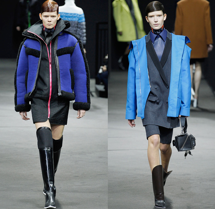 Alexander Wang 2014-2015 Fall Autumn Winter Womens Runway Looks - New York Fashion Week Catwalk - Shirtdress Sweaterdress Utilitarian Cargo Pockets V-Neck Military Combishorts Romper Outerwear Pea Coat Above The Knee Boots Knit Paisley 3d Digital Cutout Shorts Cutaway Hem Abstract Grid Wide Leg Palazzo Pants Chunky Rounded Hem