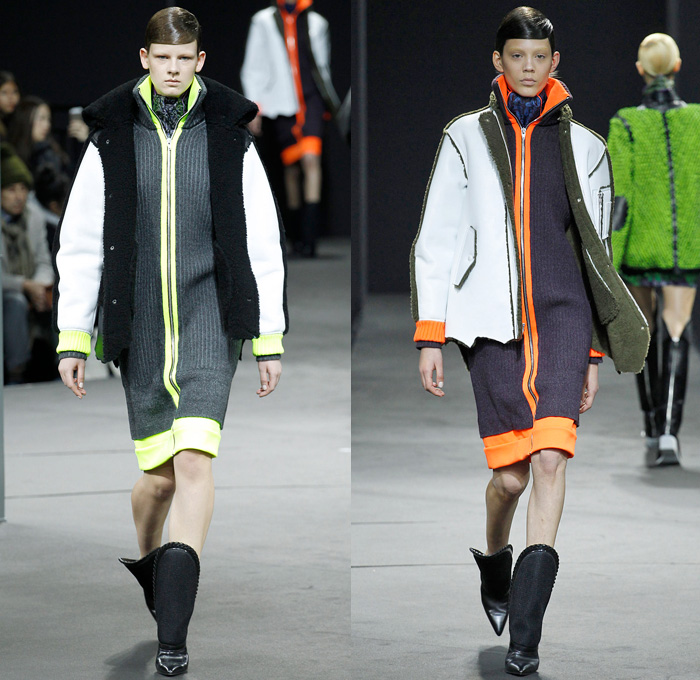 Alexander Wang 2014-2015 Fall Autumn Winter Womens Runway Looks - New York Fashion Week Catwalk - Shirtdress Sweaterdress Utilitarian Cargo Pockets V-Neck Military Combishorts Romper Outerwear Pea Coat Above The Knee Boots Knit Paisley 3d Digital Cutout Shorts Cutaway Hem Abstract Grid Wide Leg Palazzo Pants Chunky Rounded Hem