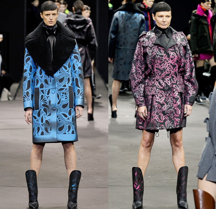 Alexander Wang 2014-2015 Fall Autumn Winter Womens Runway Looks - New York Fashion Week Catwalk - Shirtdress Sweaterdress Utilitarian Cargo Pockets V-Neck Military Combishorts Romper Outerwear Pea Coat Above The Knee Boots Knit Paisley 3d Digital Cutout Shorts Cutaway Hem Abstract Grid Wide Leg Palazzo Pants Chunky Rounded Hem