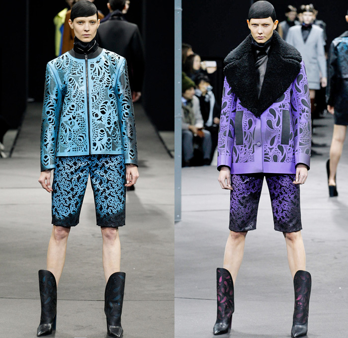 Alexander Wang 2014-2015 Fall Autumn Winter Womens Runway Looks - New York Fashion Week Catwalk - Shirtdress Sweaterdress Utilitarian Cargo Pockets V-Neck Military Combishorts Romper Outerwear Pea Coat Above The Knee Boots Knit Paisley 3d Digital Cutout Shorts Cutaway Hem Abstract Grid Wide Leg Palazzo Pants Chunky Rounded Hem