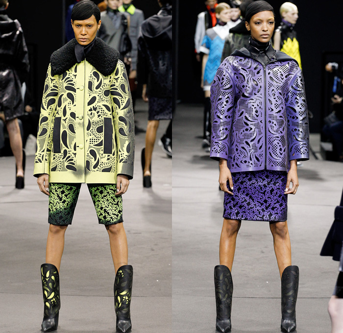 Alexander Wang 2014-2015 Fall Autumn Winter Womens Runway Looks - New York Fashion Week Catwalk - Shirtdress Sweaterdress Utilitarian Cargo Pockets V-Neck Military Combishorts Romper Outerwear Pea Coat Above The Knee Boots Knit Paisley 3d Digital Cutout Shorts Cutaway Hem Abstract Grid Wide Leg Palazzo Pants Chunky Rounded Hem