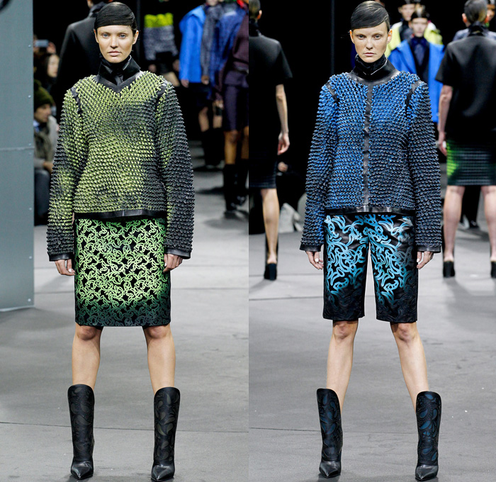 Alexander Wang 2014-2015 Fall Autumn Winter Womens Runway Looks - New York Fashion Week Catwalk - Shirtdress Sweaterdress Utilitarian Cargo Pockets V-Neck Military Combishorts Romper Outerwear Pea Coat Above The Knee Boots Knit Paisley 3d Digital Cutout Shorts Cutaway Hem Abstract Grid Wide Leg Palazzo Pants Chunky Rounded Hem