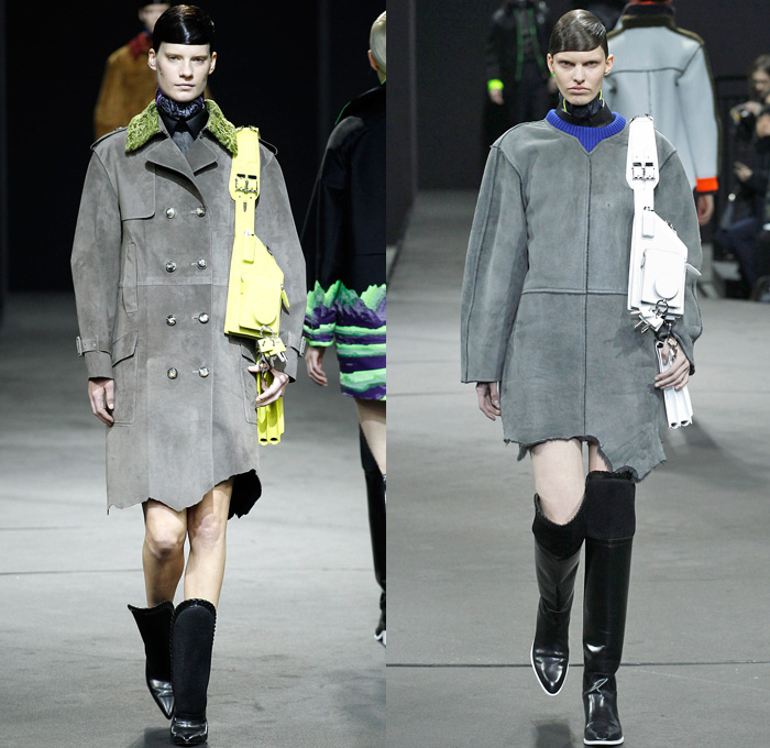 Alexander Wang 2014-2015 Fall Autumn Winter Womens Runway Looks - New York Fashion Week Catwalk - Shirtdress Sweaterdress Utilitarian Cargo Pockets V-Neck Military Combishorts Romper Outerwear Pea Coat Above The Knee Boots Knit Paisley 3d Digital Cutout Shorts Cutaway Hem Abstract Grid Wide Leg Palazzo Pants Chunky Rounded Hem