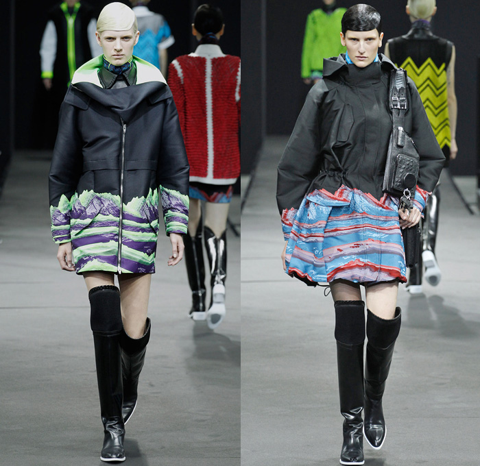 Alexander Wang 2014-2015 Fall Autumn Winter Womens Runway Looks - New York Fashion Week Catwalk - Shirtdress Sweaterdress Utilitarian Cargo Pockets V-Neck Military Combishorts Romper Outerwear Pea Coat Above The Knee Boots Knit Paisley 3d Digital Cutout Shorts Cutaway Hem Abstract Grid Wide Leg Palazzo Pants Chunky Rounded Hem