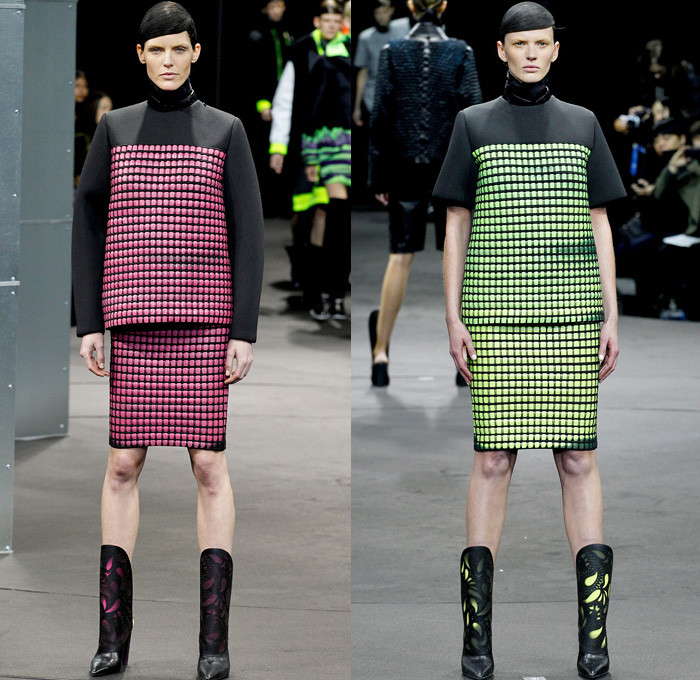 Alexander Wang 2014-2015 Fall Autumn Winter Womens Runway Looks - New York Fashion Week Catwalk - Shirtdress Sweaterdress Utilitarian Cargo Pockets V-Neck Military Combishorts Romper Outerwear Pea Coat Above The Knee Boots Knit Paisley 3d Digital Cutout Shorts Cutaway Hem Abstract Grid Wide Leg Palazzo Pants Chunky Rounded Hem