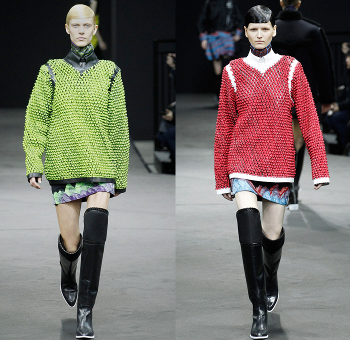 Alexander Wang 2014-2015 Fall Autumn Winter Womens Runway Looks - New York Fashion Week Catwalk - Shirtdress Sweaterdress Utilitarian Cargo Pockets V-Neck Military Combishorts Romper Outerwear Pea Coat Above The Knee Boots Knit Paisley 3d Digital Cutout Shorts Cutaway Hem Abstract Grid Wide Leg Palazzo Pants Chunky Rounded Hem