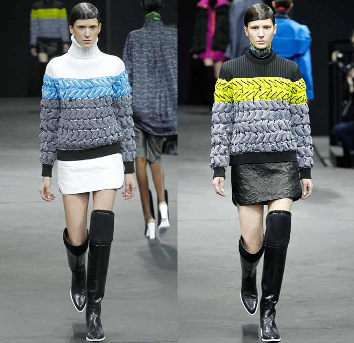 Alexander Wang 2014-2015 Fall Autumn Winter Womens Runway Looks - New York Fashion Week Catwalk - Shirtdress Sweaterdress Utilitarian Cargo Pockets V-Neck Military Combishorts Romper Outerwear Pea Coat Above The Knee Boots Knit Paisley 3d Digital Cutout Shorts Cutaway Hem Abstract Grid Wide Leg Palazzo Pants Chunky Rounded Hem