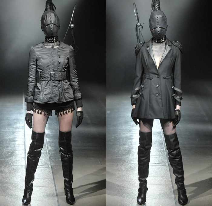 alice auaa by Yasutaka Funakoshi 2014-2015 Fall Autumn Winter Womens Runway Looks - Mercedes-Benz Fashion Week Tokyo Japan Catwalk Fashion Show - S&M Leather Jacket Coat Boots Tassels Waistband Belt Blazerdress Studs Metallic Mask Whip Zippers Coatdress Straps Gloves Spikes Skirt Frock Dress Ruffles Asymmetrical One Shoulder Tutu Net Tulle Sheer Chiffon Peek-a-Boo Mesh Funnelneck Furry Bra Bralette Hoodie 