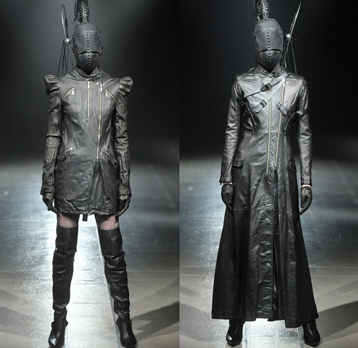 alice auaa by Yasutaka Funakoshi 2014-2015 Fall Autumn Winter Womens Runway Looks - Mercedes-Benz Fashion Week Tokyo Japan Catwalk Fashion Show - S&M Leather Jacket Coat Boots Tassels Waistband Belt Blazerdress Studs Metallic Mask Whip Zippers Coatdress Straps Gloves Spikes Skirt Frock Dress Ruffles Asymmetrical One Shoulder Tutu Net Tulle Sheer Chiffon Peek-a-Boo Mesh Funnelneck Furry Bra Bralette Hoodie 