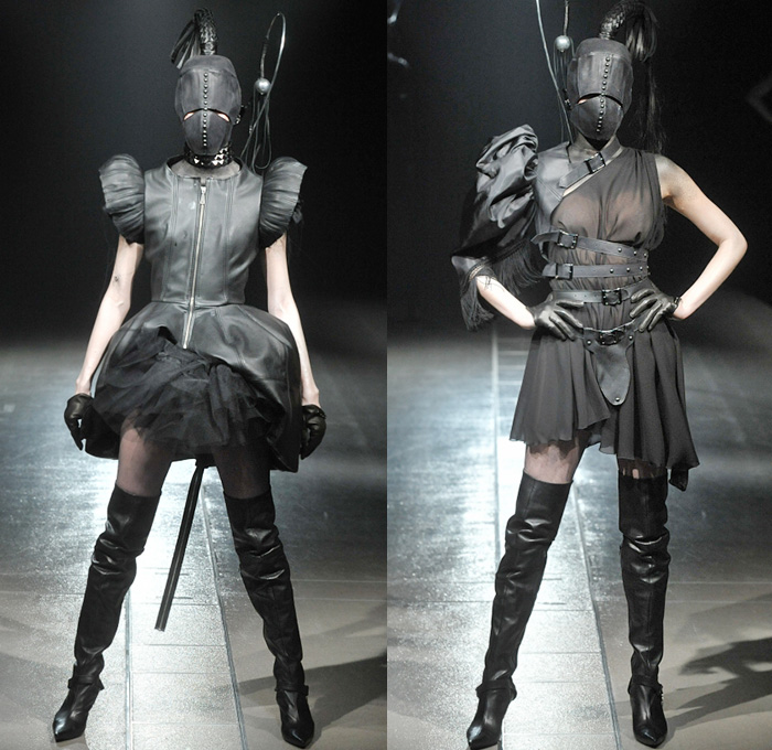 alice auaa by Yasutaka Funakoshi 2014-2015 Fall Autumn Winter Womens Runway Looks - Mercedes-Benz Fashion Week Tokyo Japan Catwalk Fashion Show - S&M Leather Jacket Coat Boots Tassels Waistband Belt Blazerdress Studs Metallic Mask Whip Zippers Coatdress Straps Gloves Spikes Skirt Frock Dress Ruffles Asymmetrical One Shoulder Tutu Net Tulle Sheer Chiffon Peek-a-Boo Mesh Funnelneck Furry Bra Bralette Hoodie 