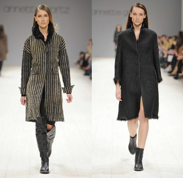 Annette Gortz 2014-2015 Fall Autumn Winter Womens Runway Looks - Ukrainian Fashion Week Kiev Kyiv Catwalk Fashion Show - Stripes Boots Outerwear Trench Coat Hoodie Crop Top Midriff Jogging Sweatpants Knit Sweater Jumper Zipper Leather Pants Trousers Leggings Suspenders Hanging Sleeve Turtleneck Frayed Fringes Dovetail Drapery Skirt Frock Angular Hem Pencil Skirt Blouse Hat Sheer Chiffon Peek-a-Boo Dress Strapped Shoulder Sleeves