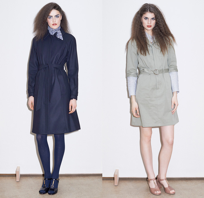 A.P.C. 2014-2015 Fall Autumn Winter Womens Lookbook Presentation - Paris Fashion Week Prêt à Porter Défilés - Atelier de Production et de Creation - Denim Jeans Overalls Coveralls Prints Motif Leaves Foliage Shirtdress Skirt Frock Bomber Jacket Outerwear Trench Coat Plaid Sweater Jumper Leggings Coatdress Tunicdress Cape Hanging Sleeve