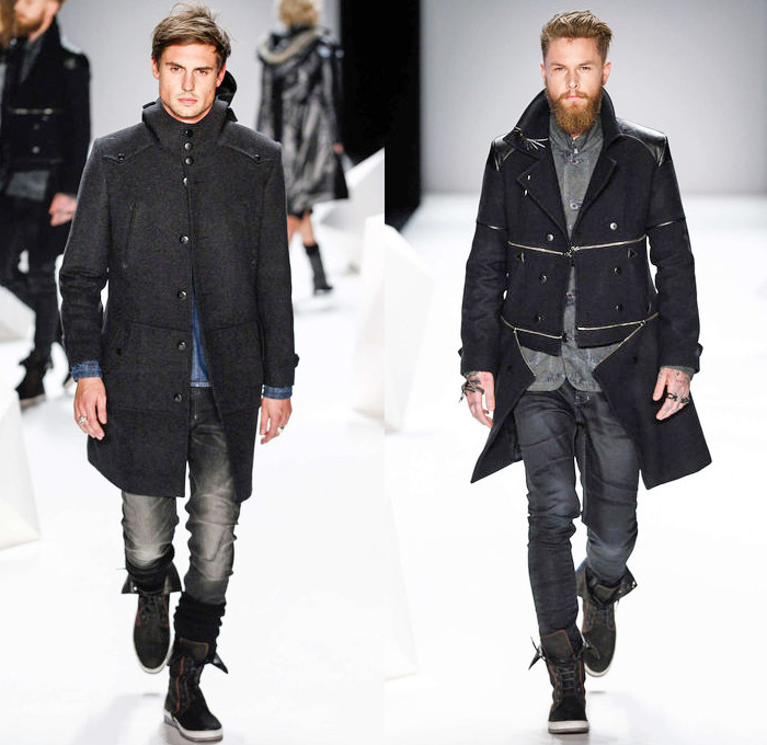 Arzu Kaprol 2014-2015 Fall Winter Mens Womens Runway Collection - Mercedes-Benz Fashion Week Berlin Germany Deutschland - Destroyed Destructed Distressed Holes Denim Jeans Outerwear Print Graphic Parka Hoodie Motorcycle Biker Rider Jacket Ribbed Multi Panel Leather Vest Plaid Tartan Overcoat Acid Wash Dip Dye Zippers Poncho Cloak: Designer Denim Jeans Fashion: Season Collections, Runways, Lookbooks and Linesheets