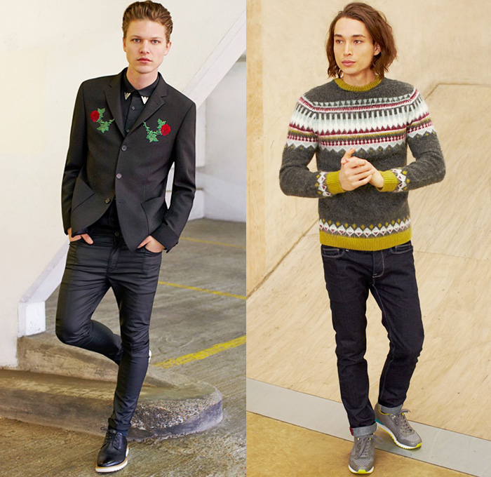 (01a) Embroidered Blazer - Coated Denim Jeans - (01b) Fairisle Jumper - Slim Denim Jeans - ASOS 2014-2015 Fall Autumn Winter Mens Lookbook Collection - Denim Jeans Coated Slim Blazer Embroidery Rose Flowers Florals Sportcoat Knit Fairisle Sweater Jumper Outerwear Parka Coat Jogging Sweatpants Sneakers Multi Panel Shorts Over Leggings Bomber Varsity Jacket Hi-Tops Houndstooth Print Motif Plaid Tartan Sticks Matches Ornamental Print Decorative Art Suit