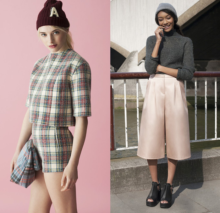 (03a) Soft Check Top - Shorts - (03b) Satin Culottes - ASOS 2014-2015 Fall Autumn Winter Womens Lookbook Collection - Denim Jeans Patchwork Crop Top Midriff Jeggings Leggings Knit Cap Beanie Checks Knit Sweater Jumper Plaid Outerwear Coat Hanging Sleeve Shorts Culottes Gauchos Wide Leg Circle Poodle Skirt Pleats Lace Blouse Roses Flowers Florals Furry Peek-A-Boo Sheer Chiffon Skirt Frock Turtleneck Embroidery Ornamental Print Decorative Art Pantsuit Print Motif Cape Cloak Skater Maxi Dress Blazer