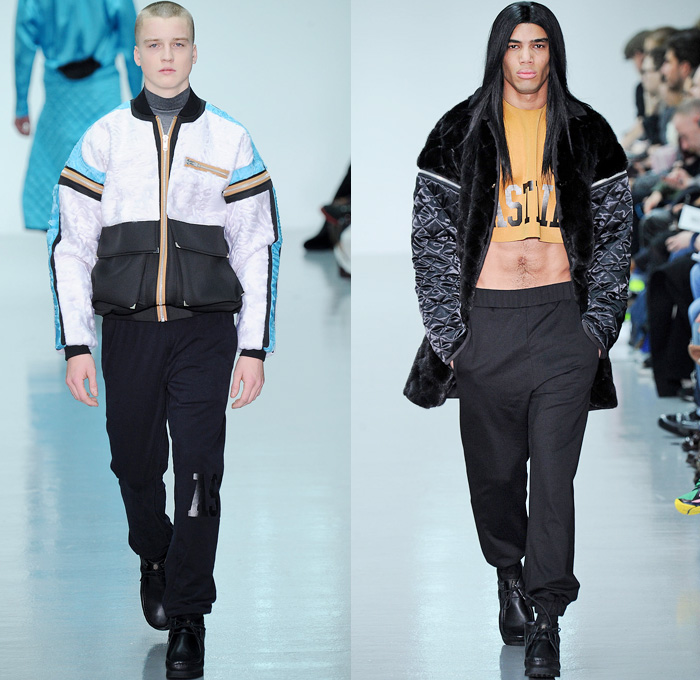 Astrid Andersen 2014-2015 Fall Autumn Winter Mens Runway Looks Fashion - London Collections - Sporty Jogging Sweatpants Androgyny Oversized Outerwear Coat Parka Lace Peek-A-Boo Crop Top Midriff Wide Leg Pants Culottes