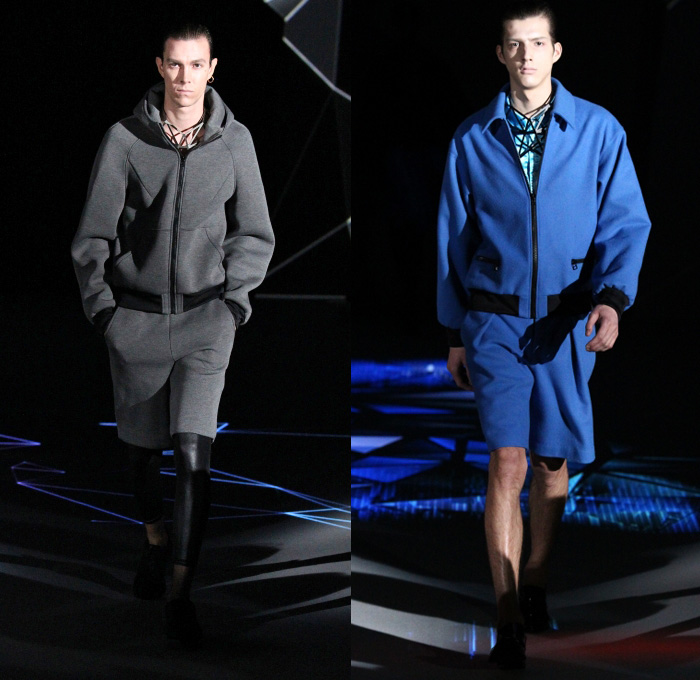 ATSUSHI NAKASHIMA 2014-2015 Fall Autumn Winter Mens Runway Looks - Mercedes-Benz Fashion Week Tokyo Japan Catwalk Fashion Show - Denim Jeans Skinny Shorts Over Leggings Shorts Geometric Outerwear Coat Topcoat Overcoat Necklace Prismatic Triangles Sweater Jumper Bomber Jacket Leggings Futuristic Blazer Tuxedo Jacket Cocktail Jacket Parka Leather Red