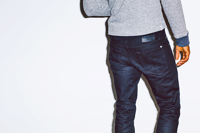 Baldwin Denim 2014-2015 Fall Autumn Winter Mens Lookbook Collection - Dark Wash Denim Jeans Dark Indigo Sweater Jumper Shawl Collar Multi-Panel Outerwear Jacket Sporty Jogging Sweatpants Knit Chunky Knit Bomber Varsity Jacket Hoodie Sweatshirt Pants Trousers Checks - Kansas City