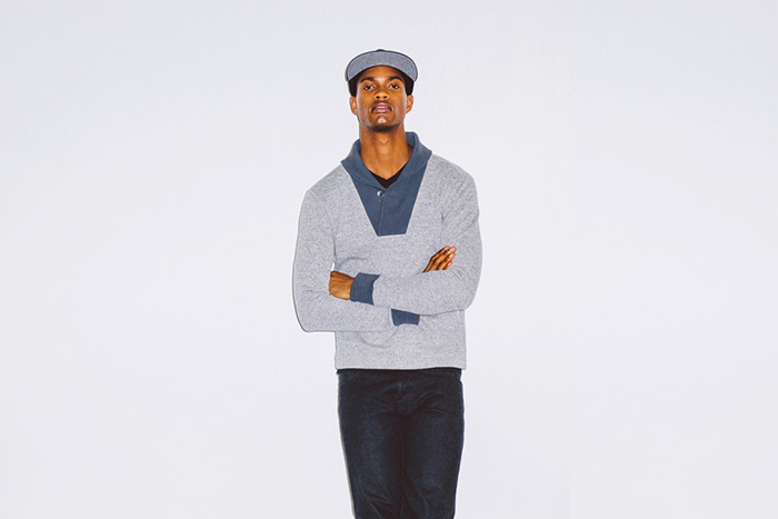 Baldwin Denim 2014-2015 Fall Autumn Winter Mens Lookbook Collection - Dark Wash Denim Jeans Dark Indigo Sweater Jumper Shawl Collar Multi-Panel Outerwear Jacket Sporty Jogging Sweatpants Knit Chunky Knit Bomber Varsity Jacket Hoodie Sweatshirt Pants Trousers Checks - Kansas City
